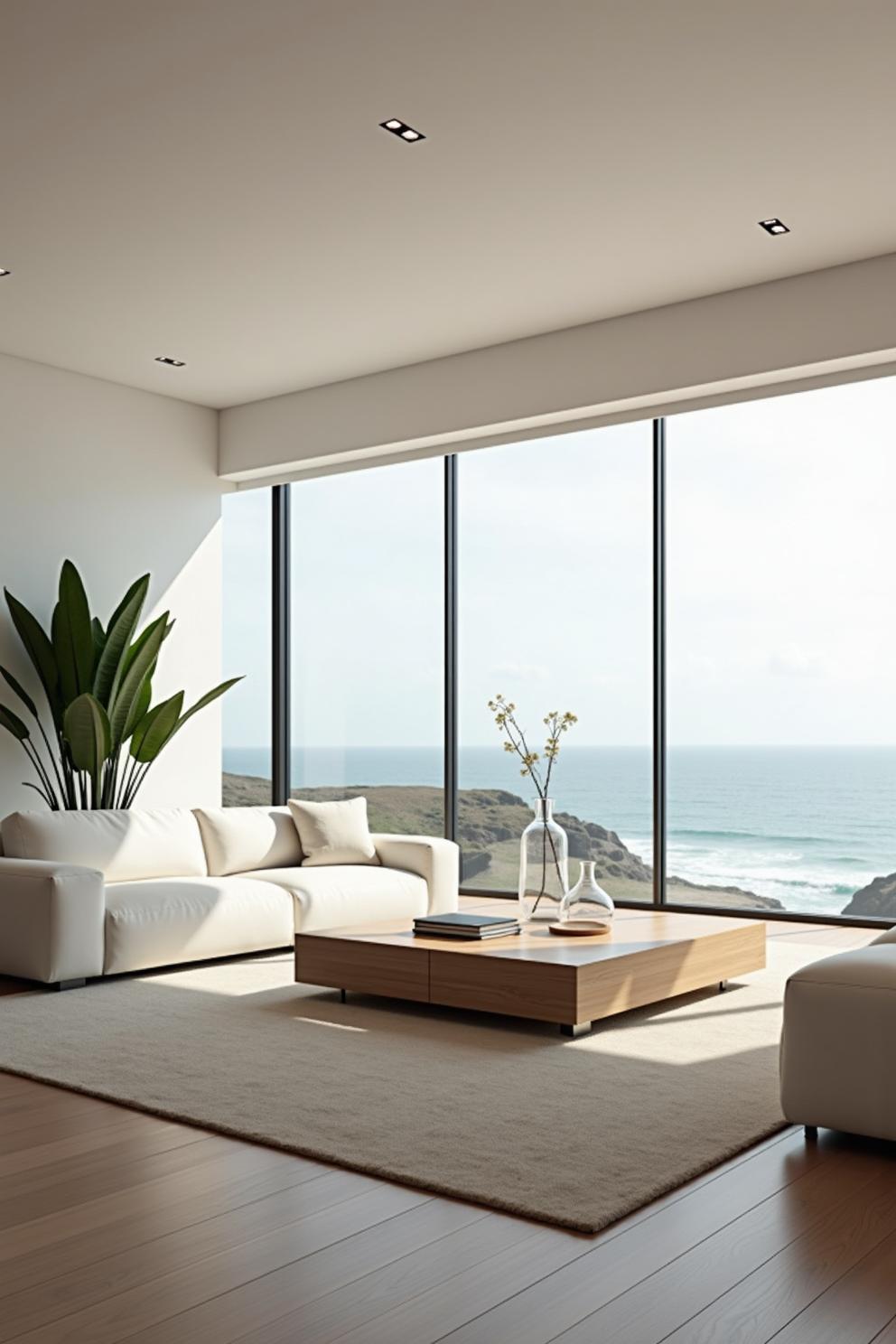 Stylish living room with ocean view through glass walls