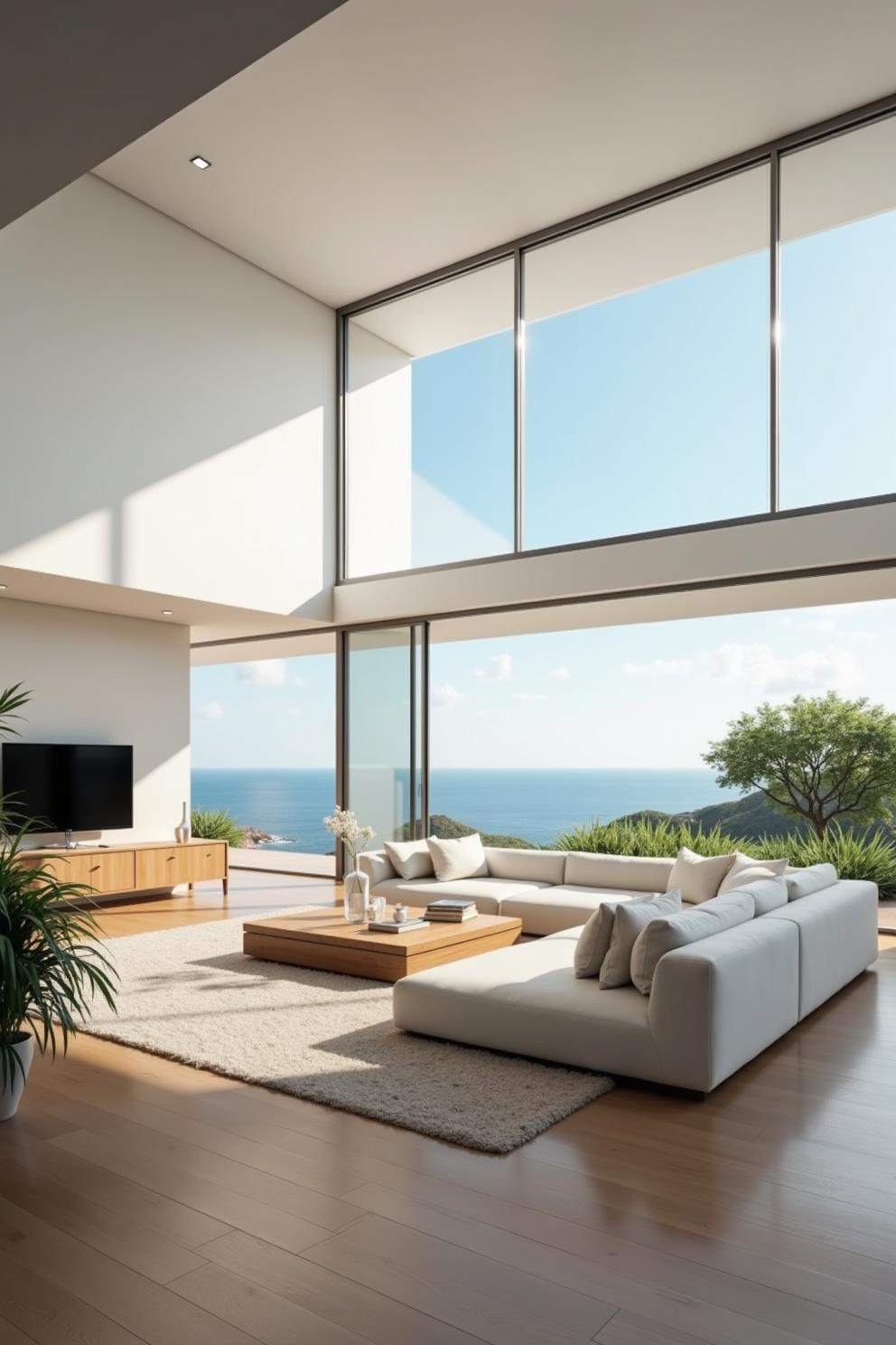 Modern living room with large windows and ocean view