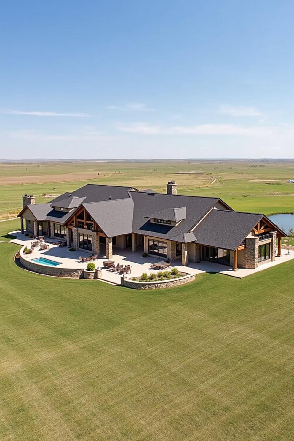 Large ranch-style home with a vast lawn and open field