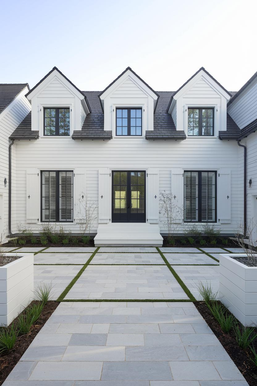 Chic white house with black window accents and sleek lines