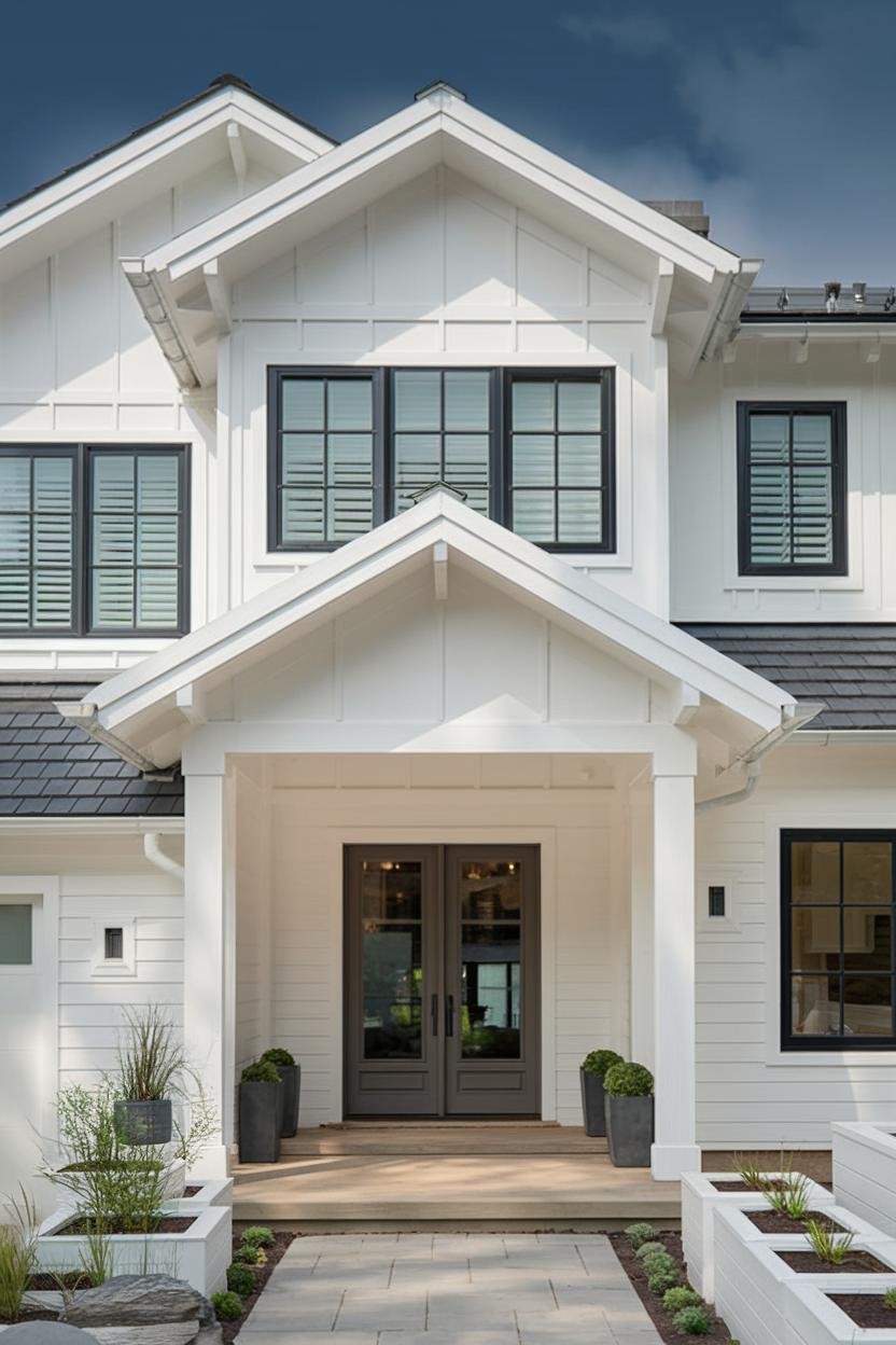 Elegant suburban house with white cladding and dark windows