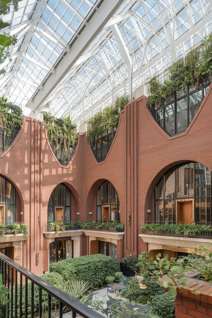 Spacious atrium with arches and greenery