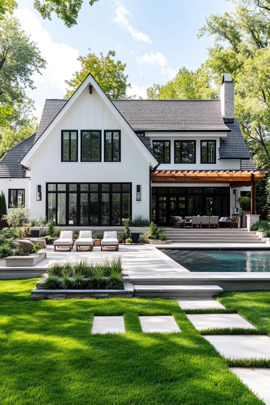 Modern white house with black windows, pool, and lush garden