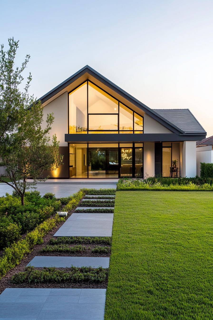 Modern bungalow with expansive glass windows and lush landscaping