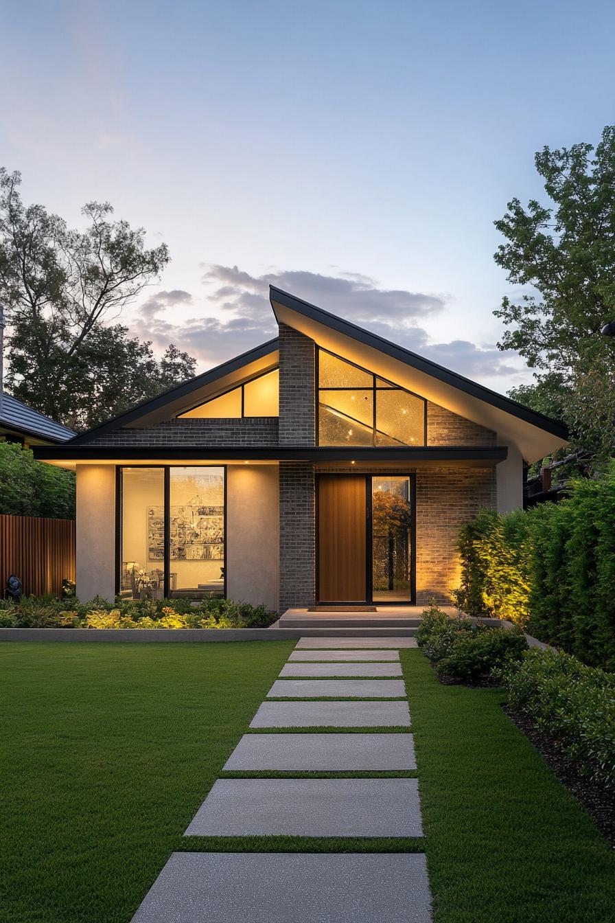 modern bungalow with clean lines and a minimalist facade. It is primarily constructed with materials such as concrete and glass which enhance its