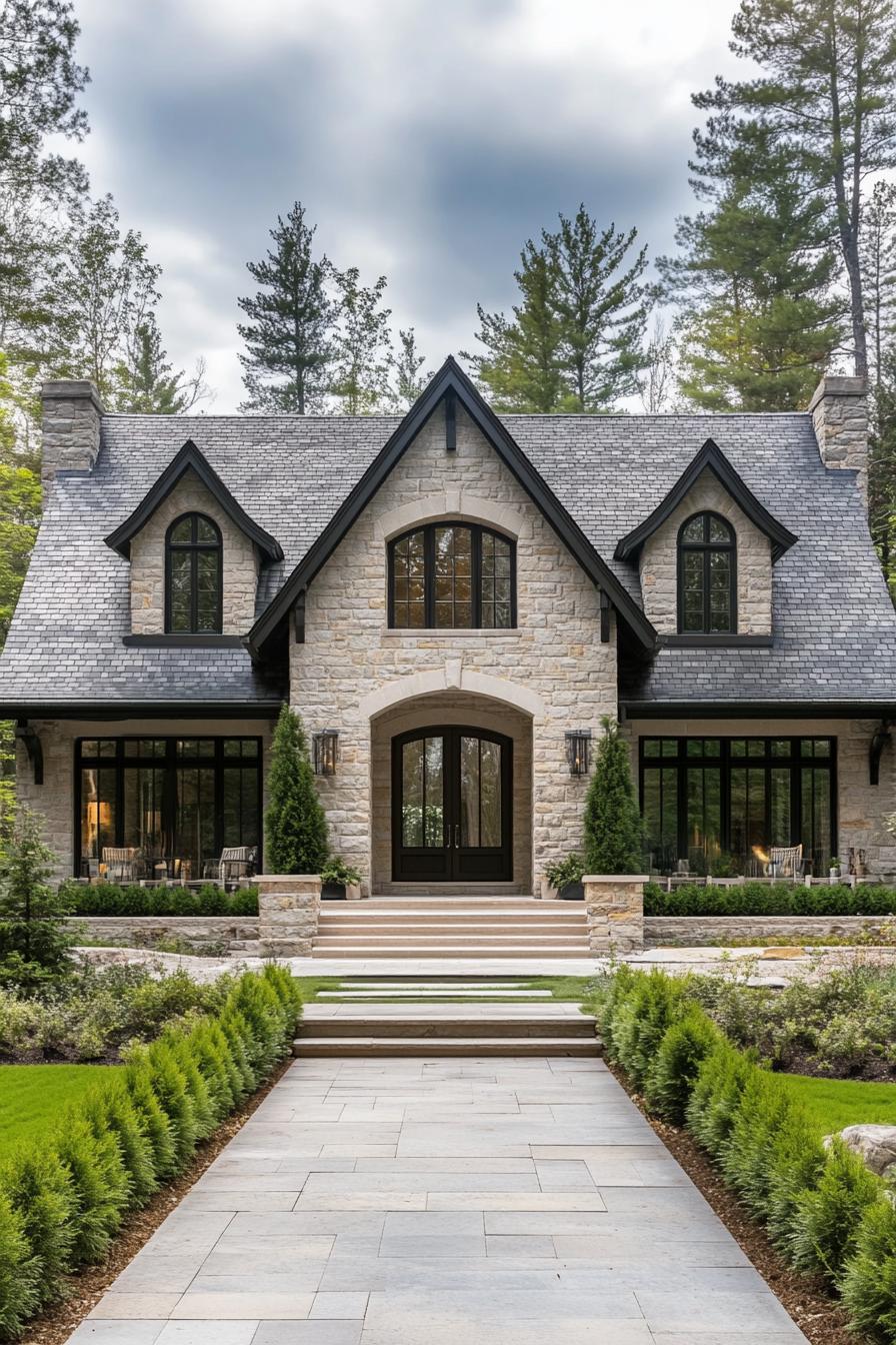 Elegant stone cottage with a steep slate roof and arched windows