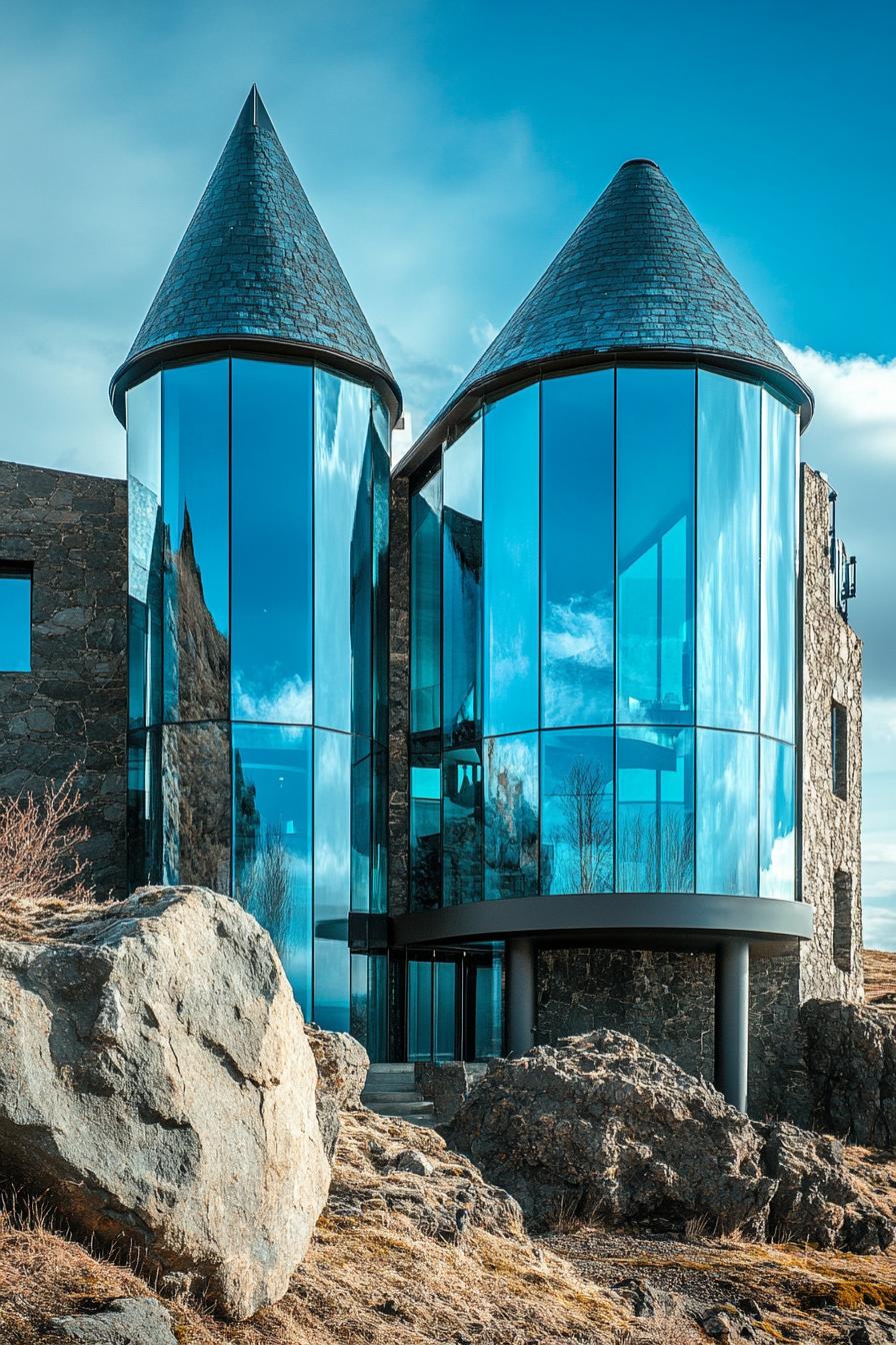 Modern house with glass turrets reflecting the sky