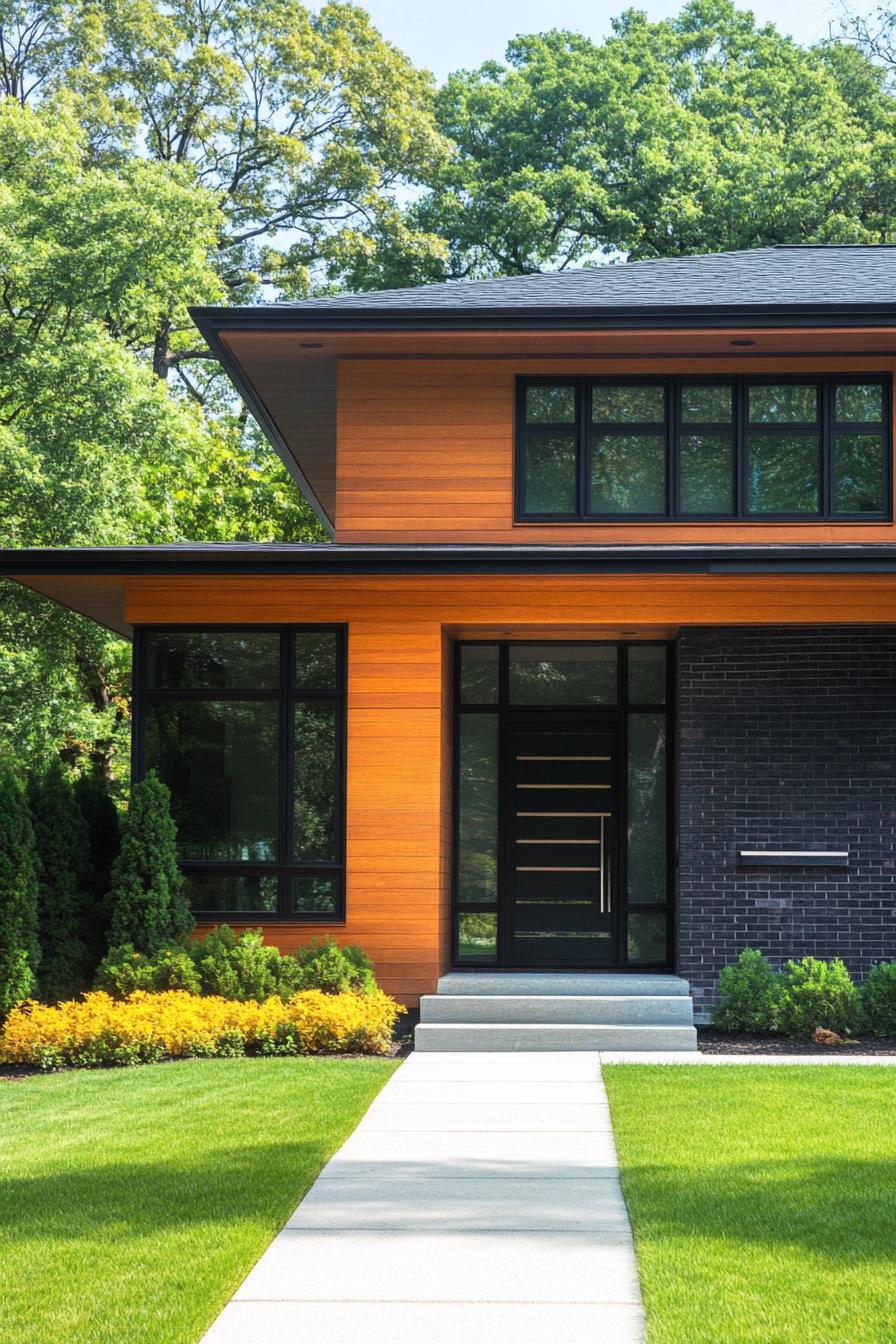 Modern suburban house with a sleek entrance and lush lawn