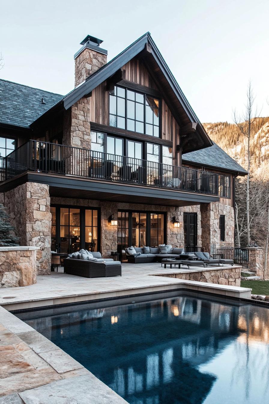 Luxury mountain home with a stone exterior and pool