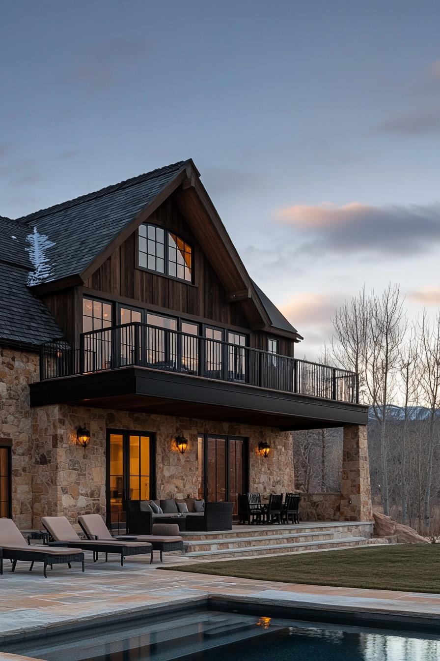 Rustic stone house with a pool at dusk