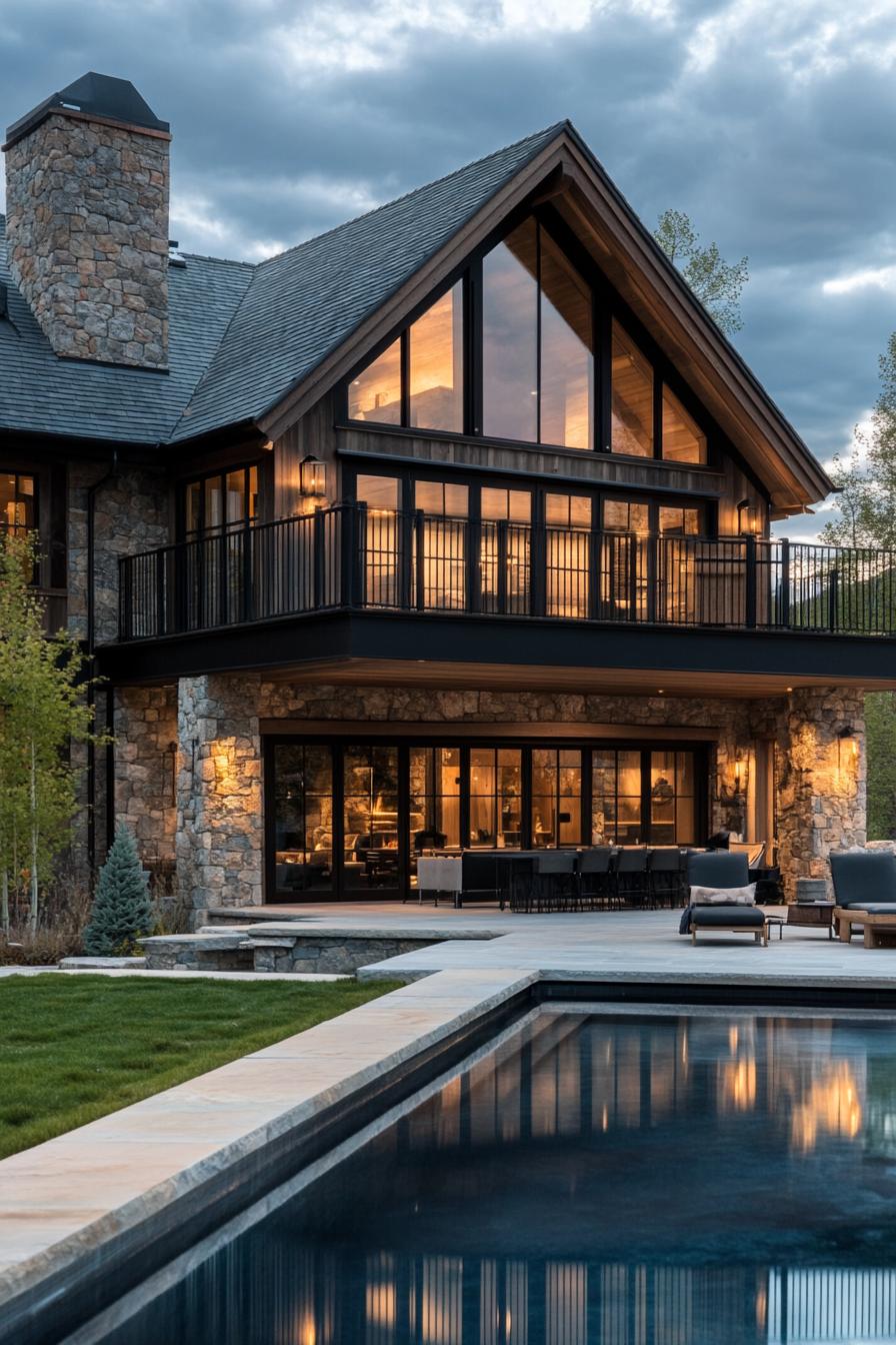 Luxury stone house with tall windows and a reflection pool