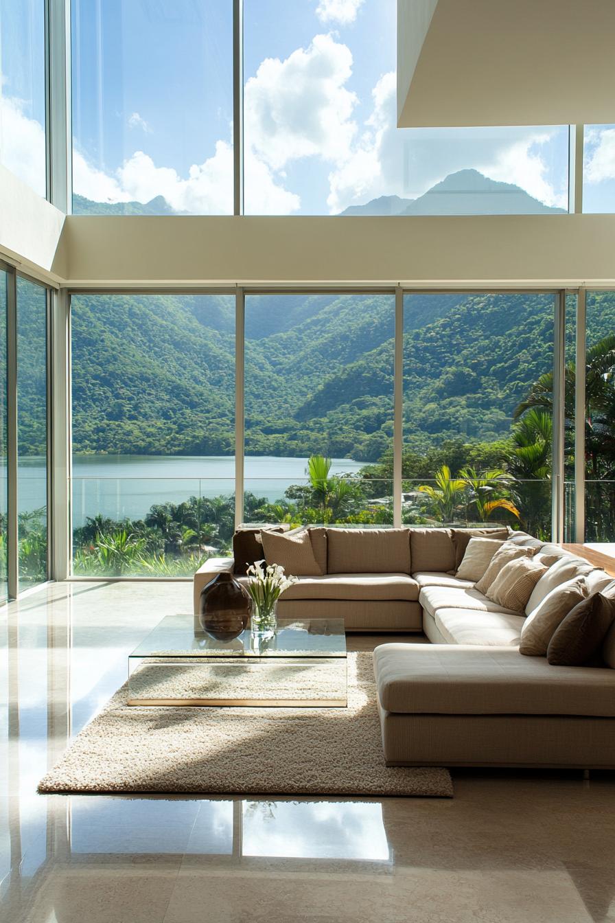 Luxurious penthouse living room with a stunning view of nature through floor-to-ceiling windows