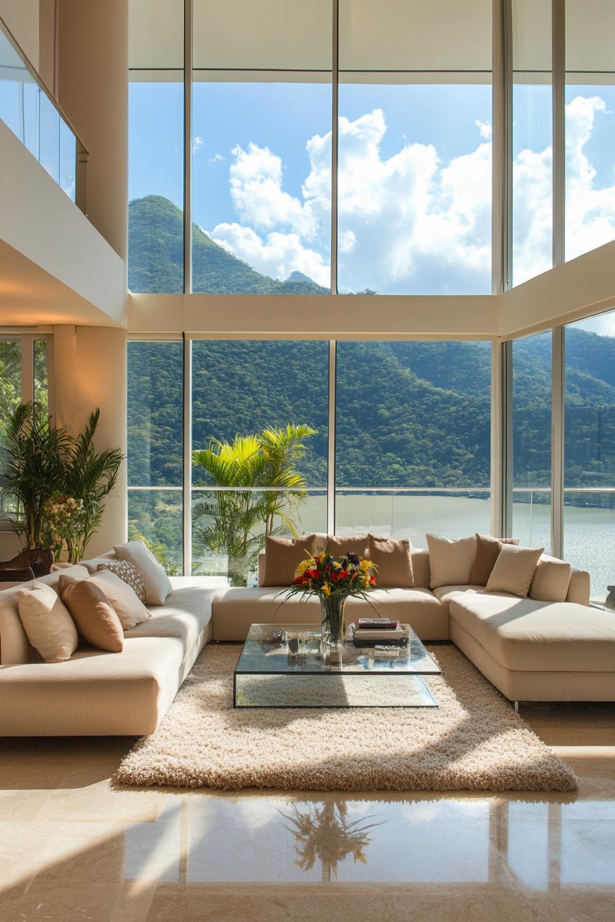 Spacious living area with a mountain view