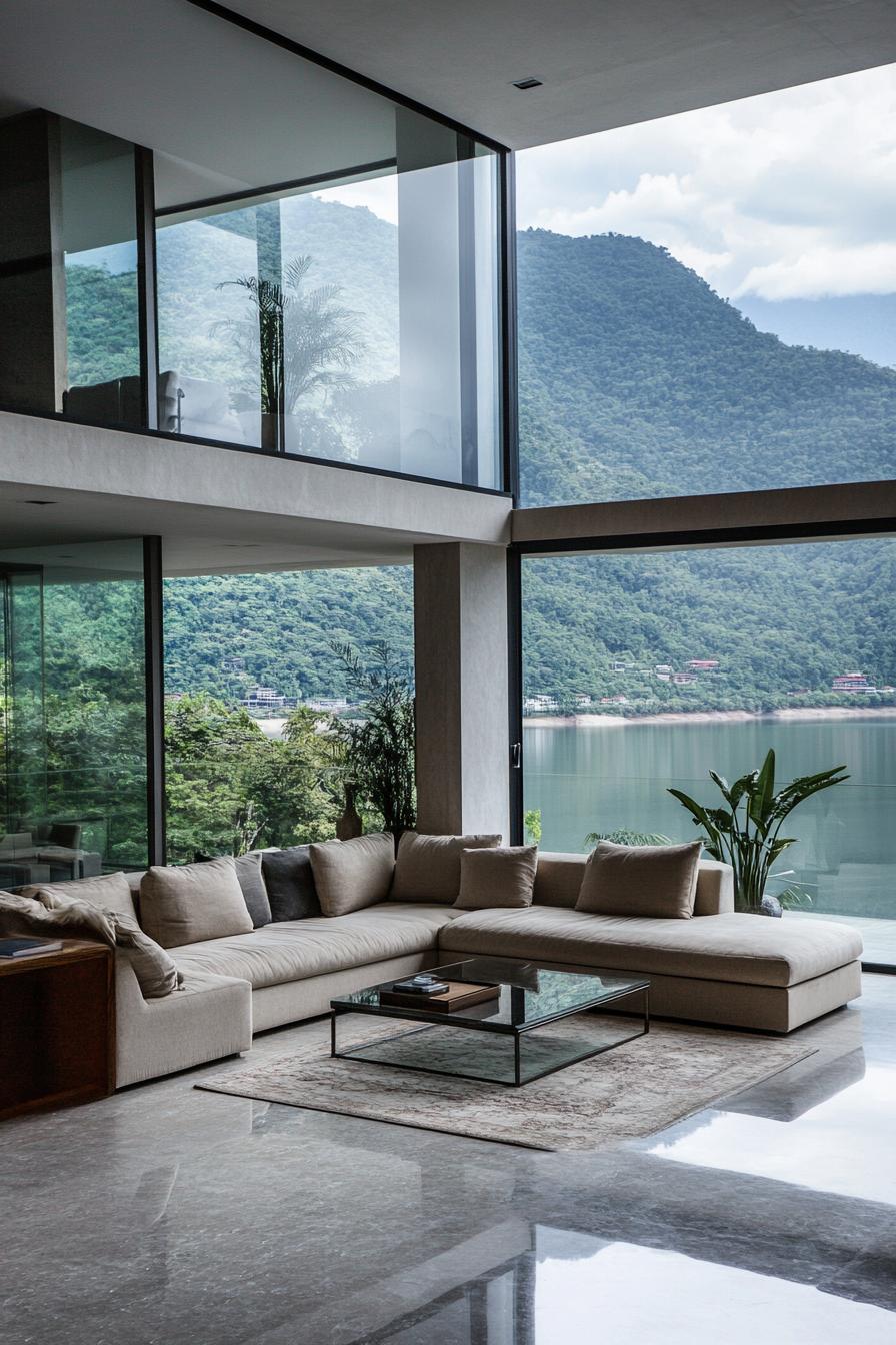 Spacious penthouse living area with lake view