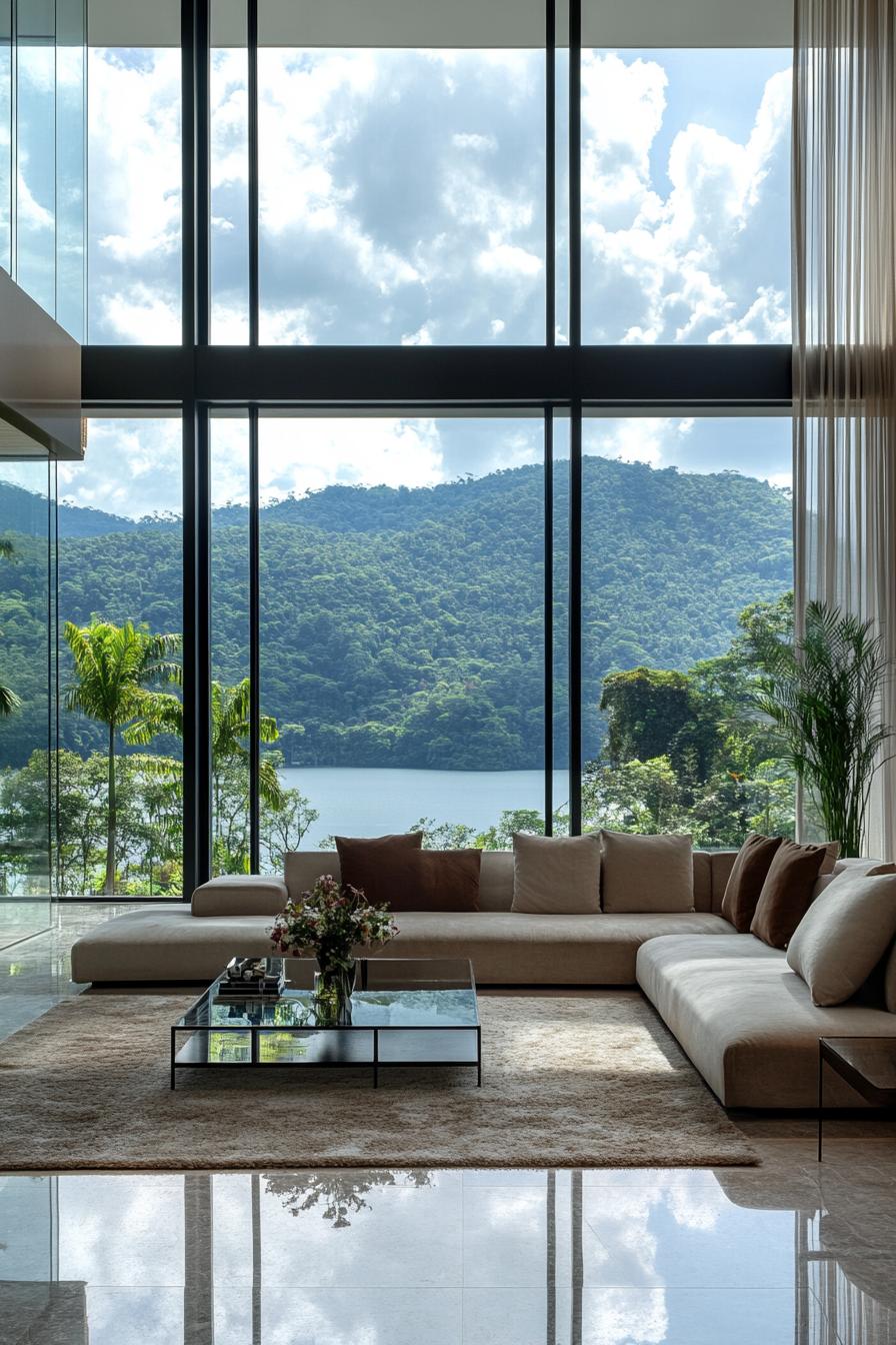 Spacious penthouse living room with mountain view