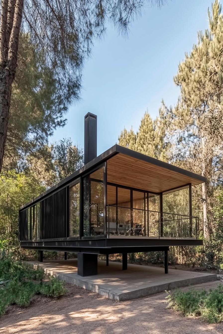 Minimalist steel home elevated in the forest