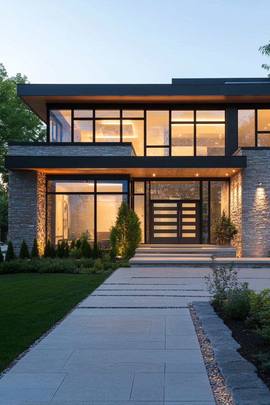 Modern house with glass walls and stone facade