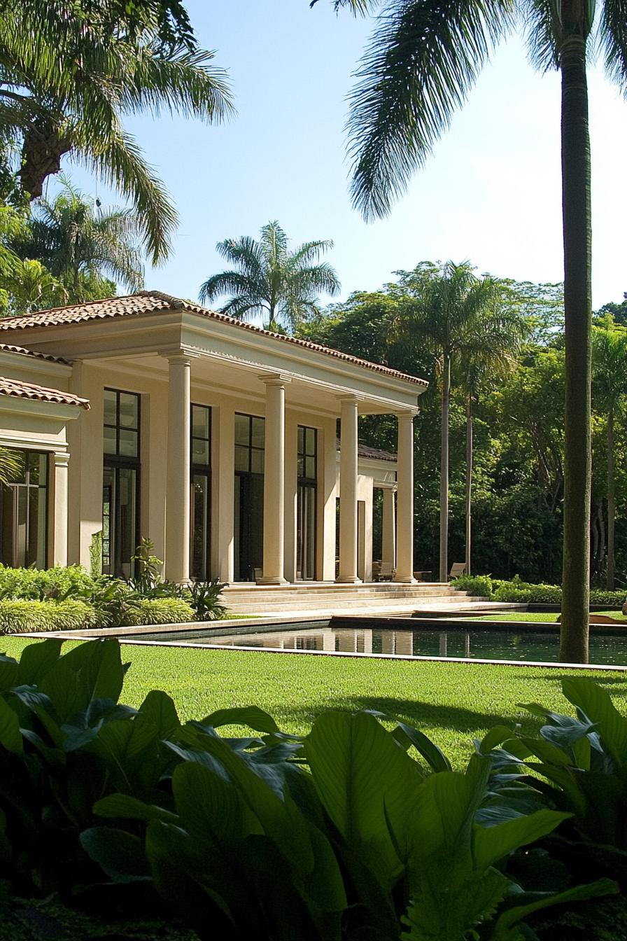 Elegant tropical villa with columns and lush surroundings