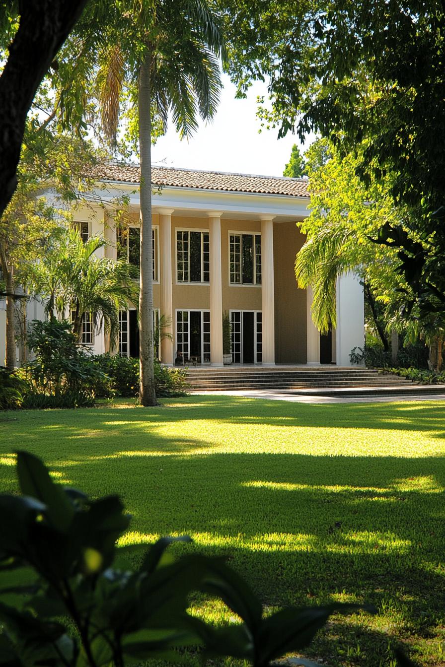 Colonial-style house surrounded by lush green lawn and palm trees