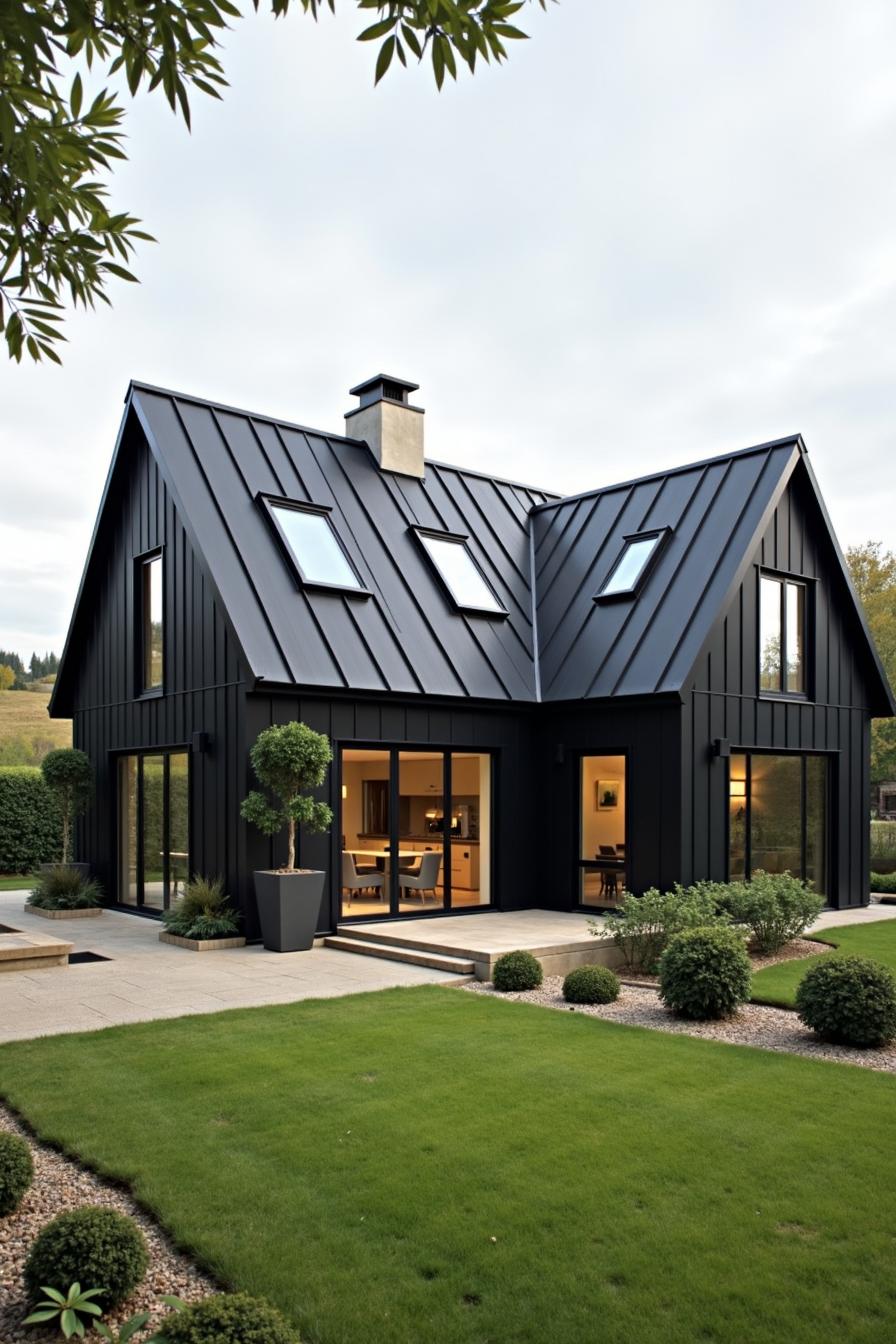 Chic black house with sleek design and green lawn