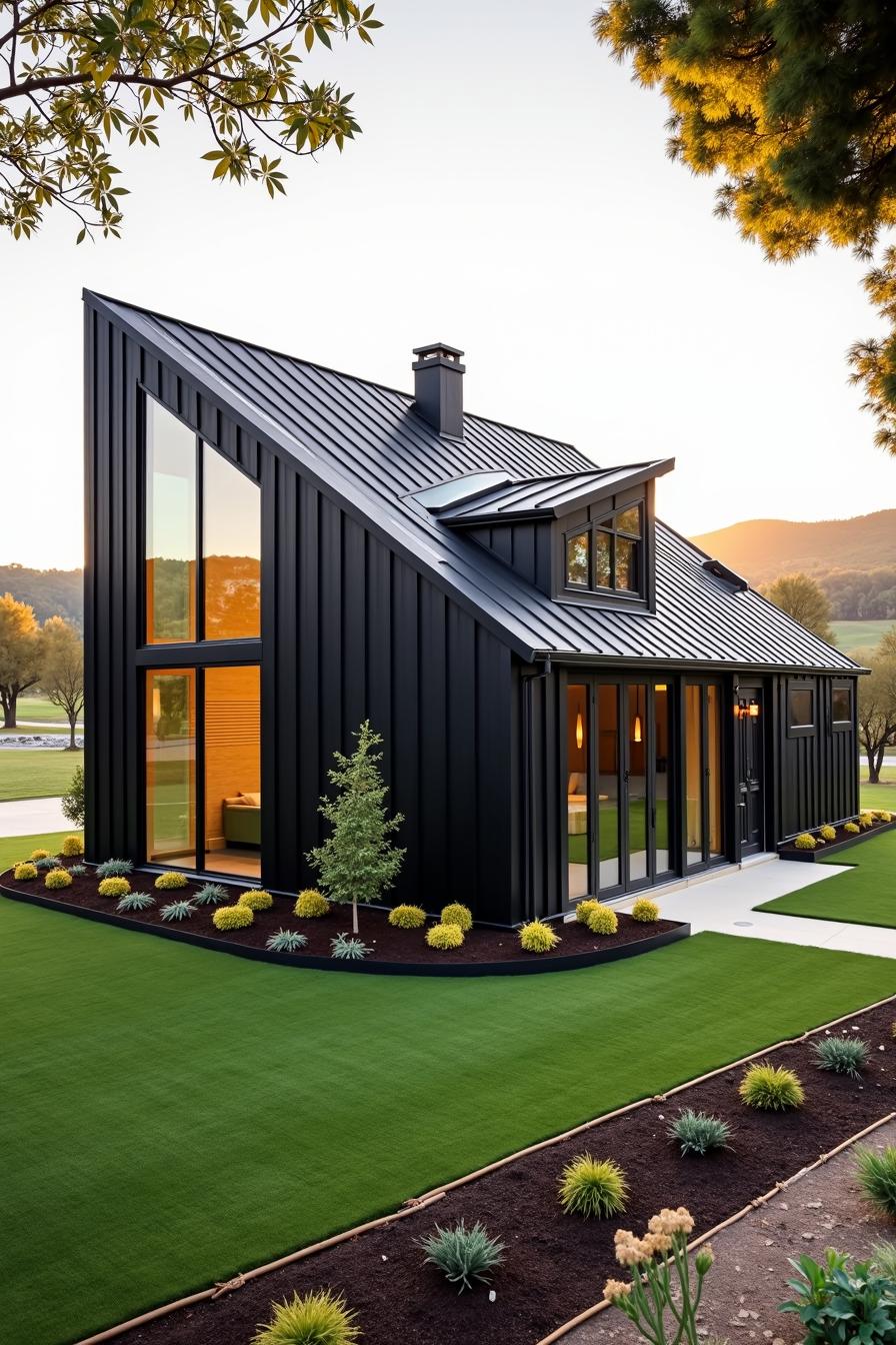 A stylish black modern house with large windows and sloped roof