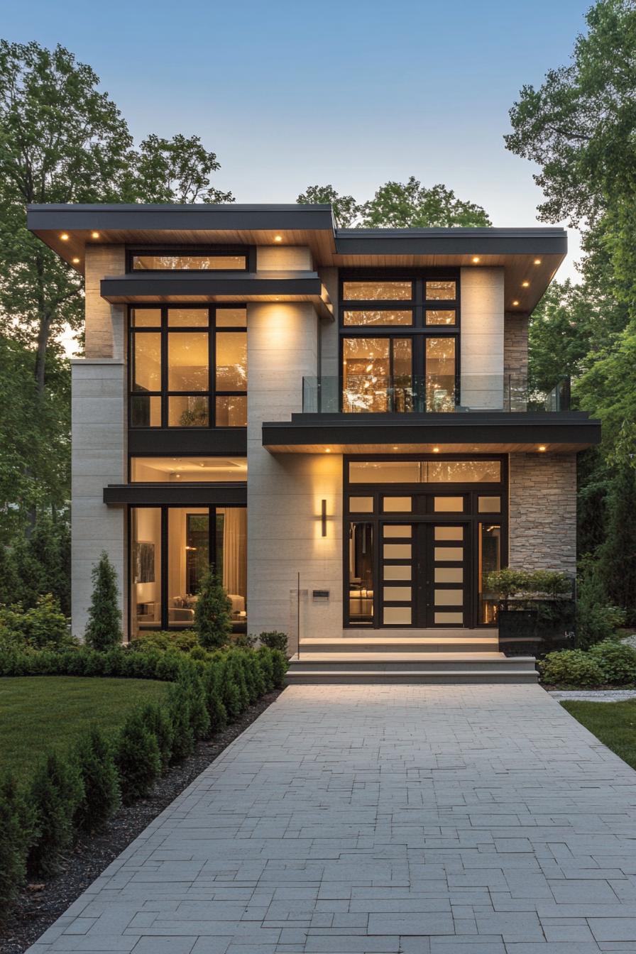 Modern two-story house with large windows and ambient lighting