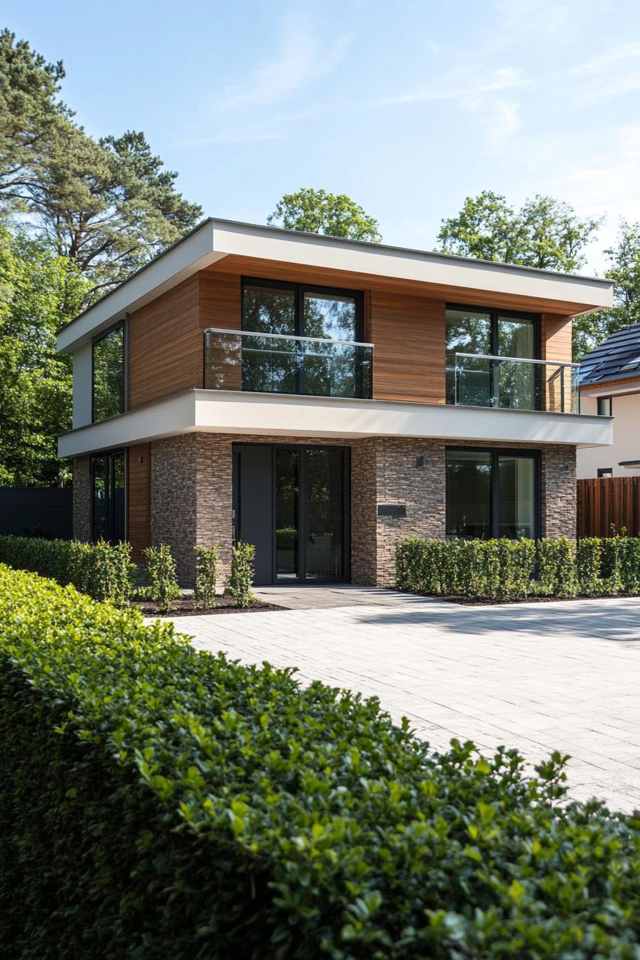 Modern two-story house with wood and stone facade