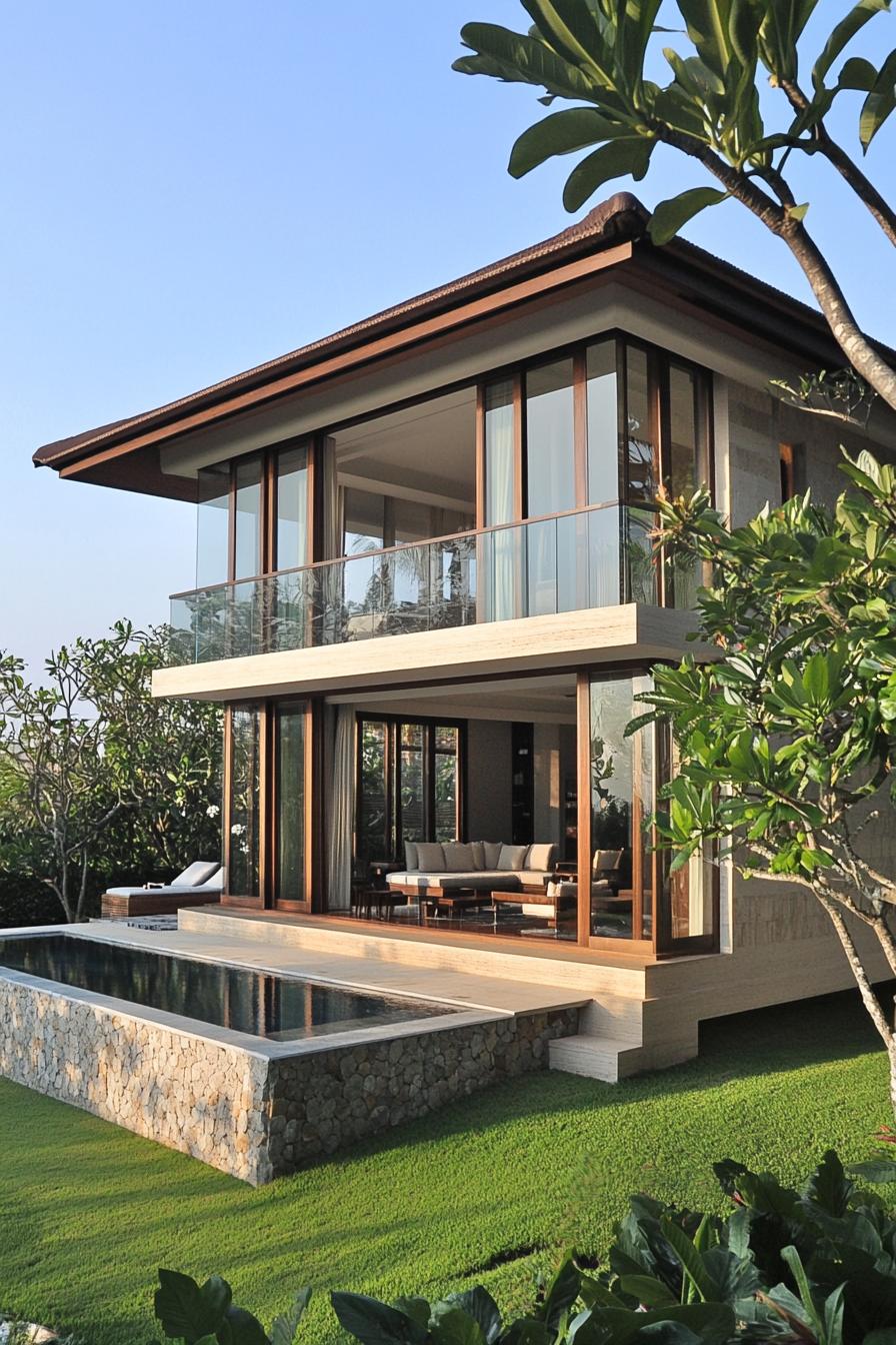 Modern villa with glass walls and lush greenery