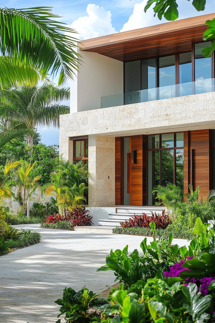 Modern tropical villa surrounded by lush greenery and palm trees