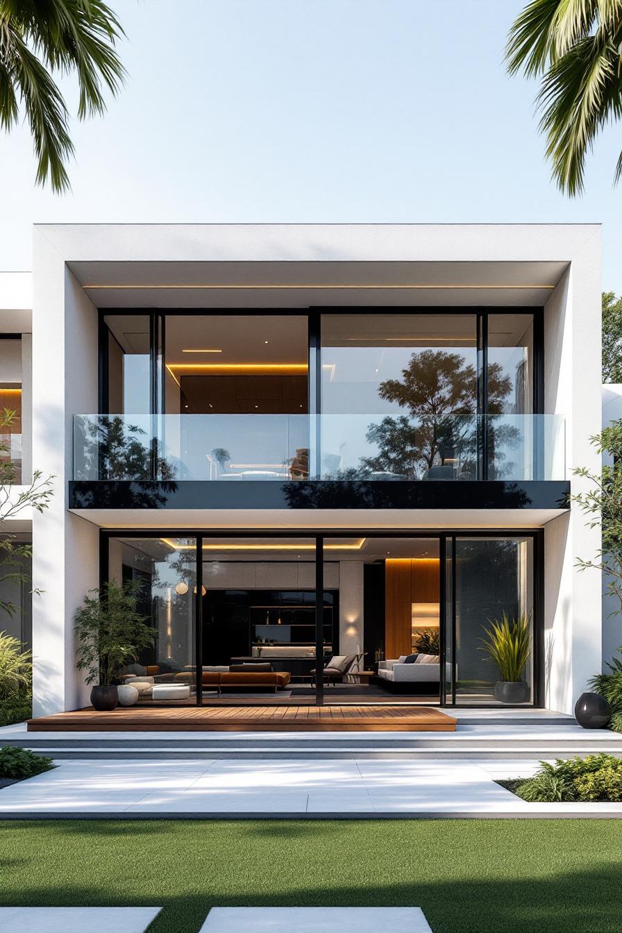 Modern luxury house with large glass facade and lush greenery