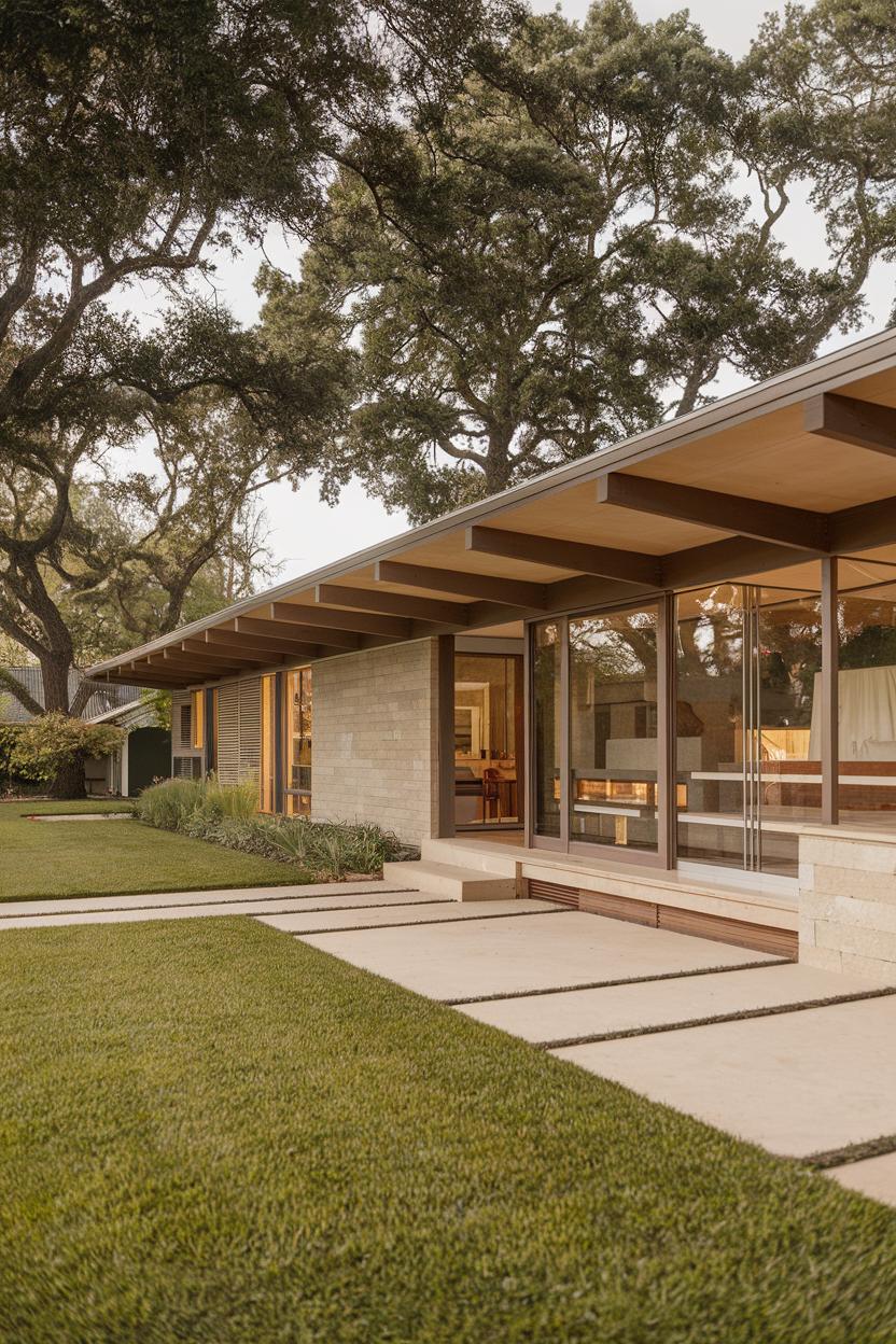 Glass-paneled ranch house with expansive lawn and lush trees