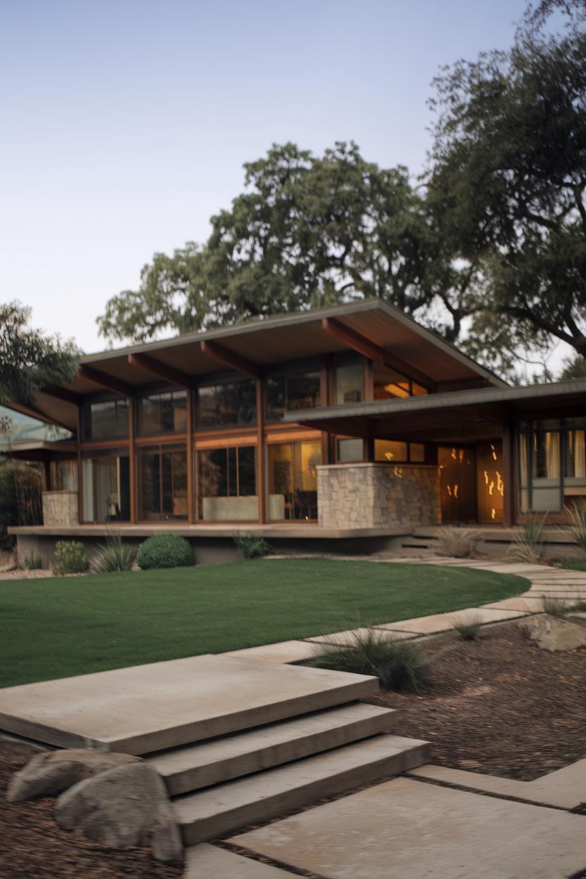 Stylish Mid-century ranch with glass facade and lush greenery