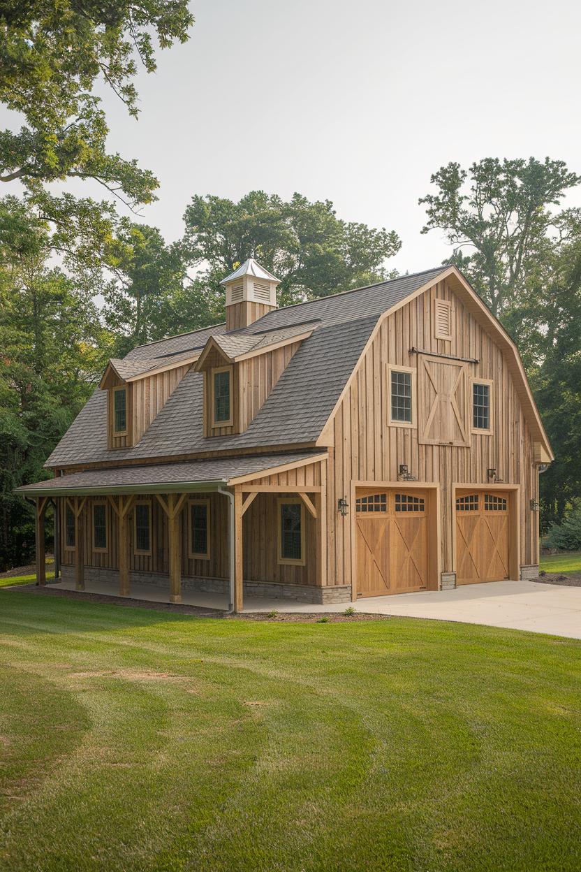 Wooden garage house surrounded by lush greenery