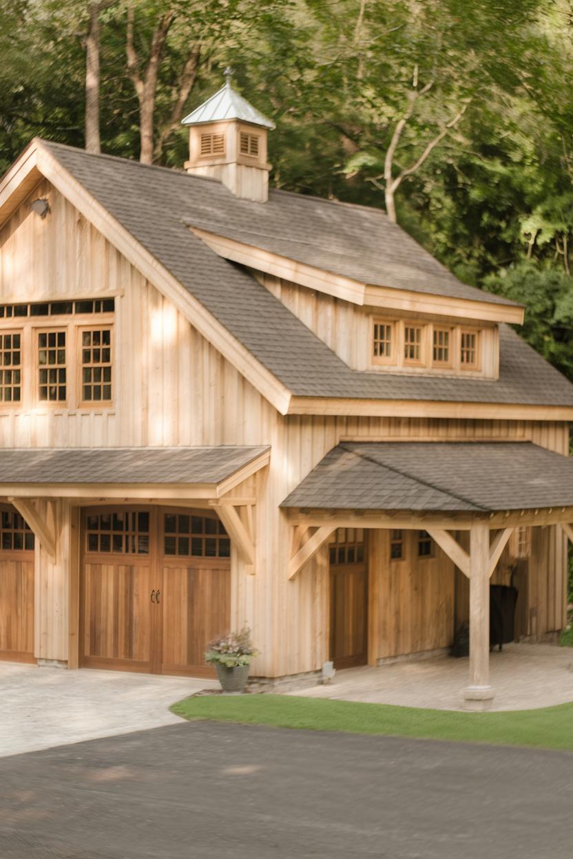 Cozy wooden garage surrounded by lush greenery