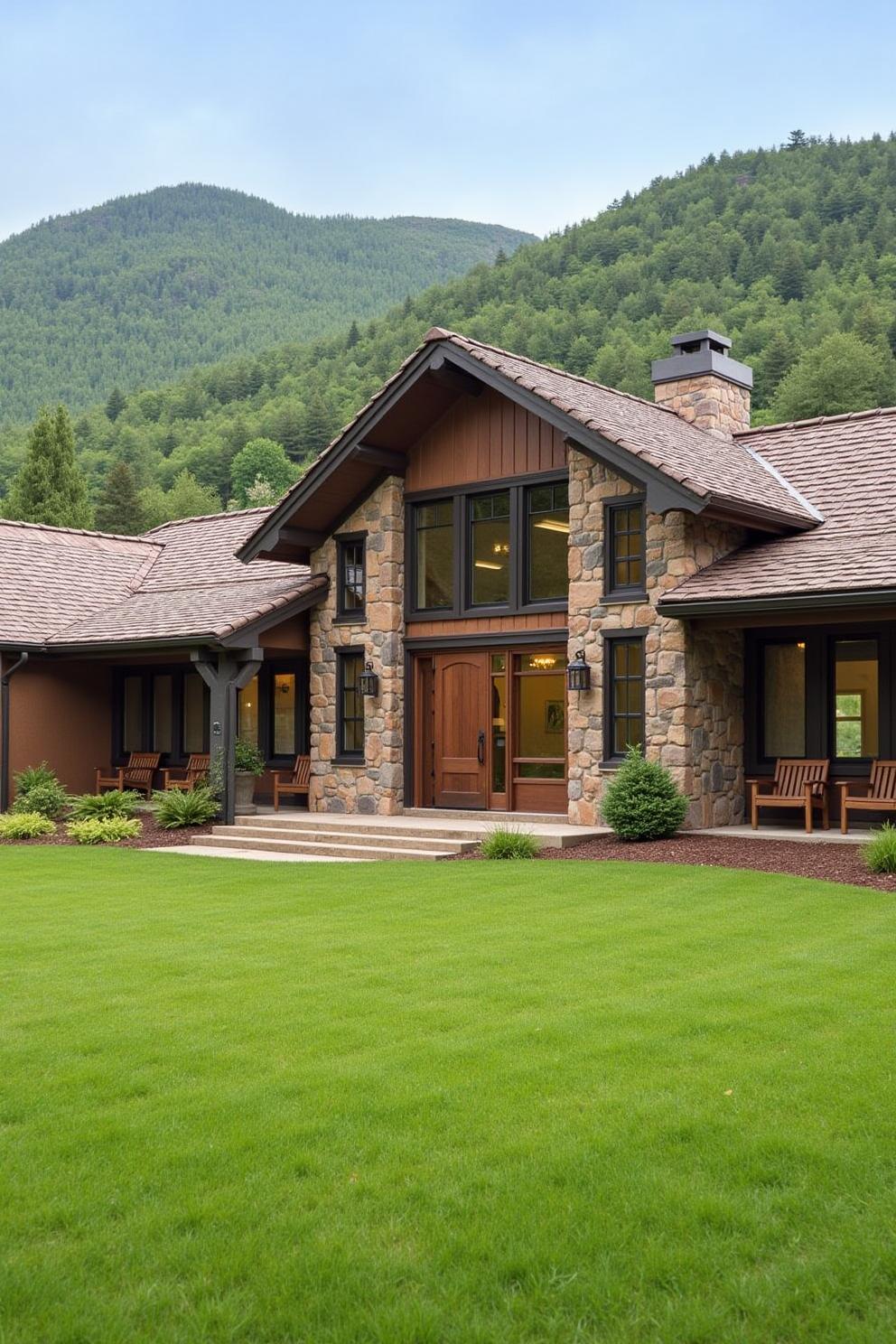 Rustic ranch home with lush green lawn