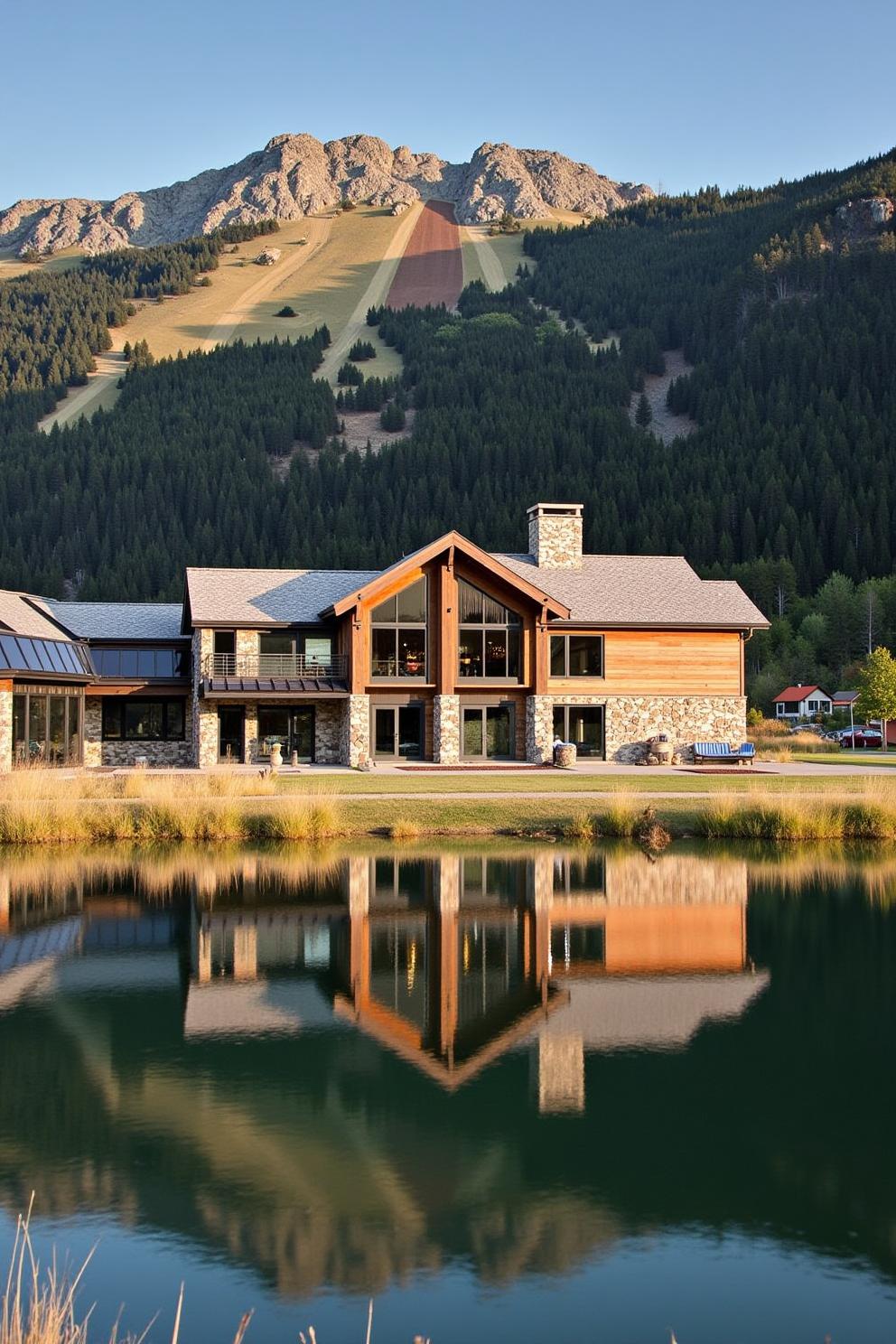 Mountain lodge reflecting in a tranquil lake