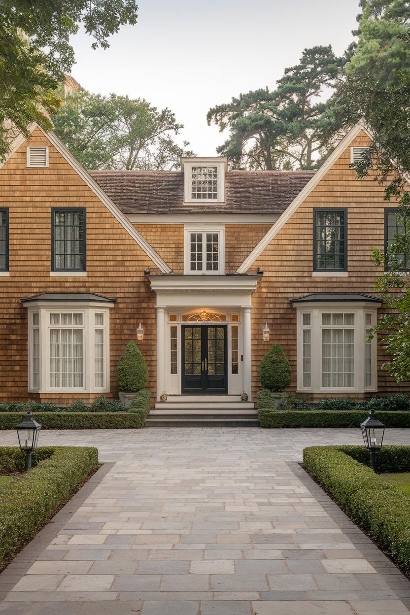 Classic shingle-style suburban home with elegant landscaping