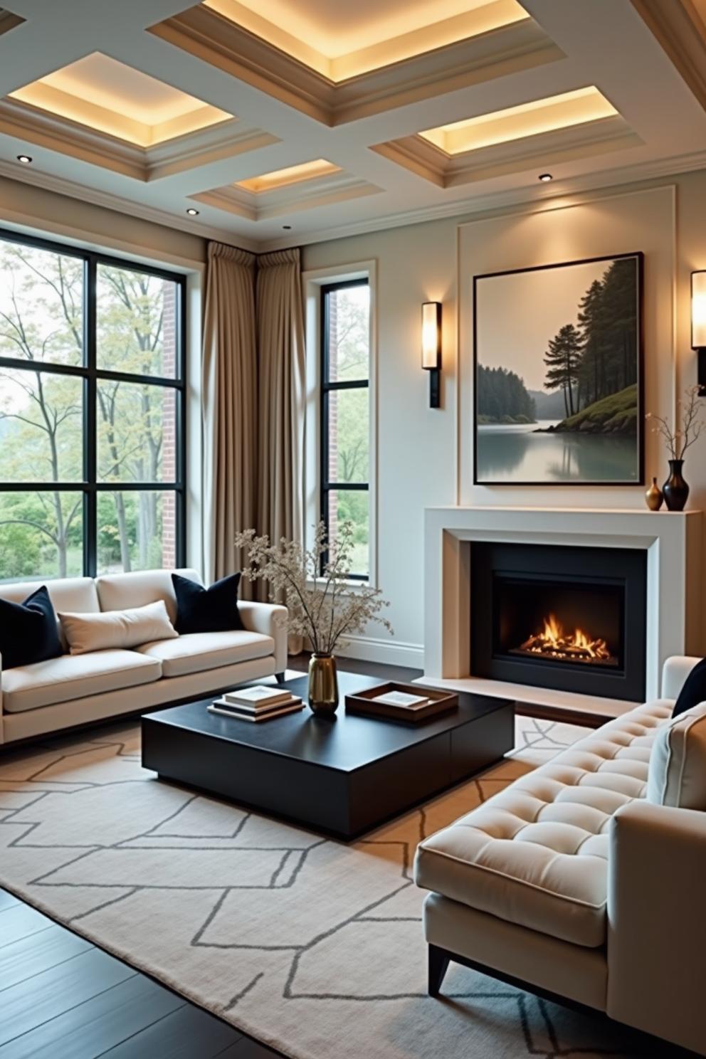 Modern living room with large windows and fireplace