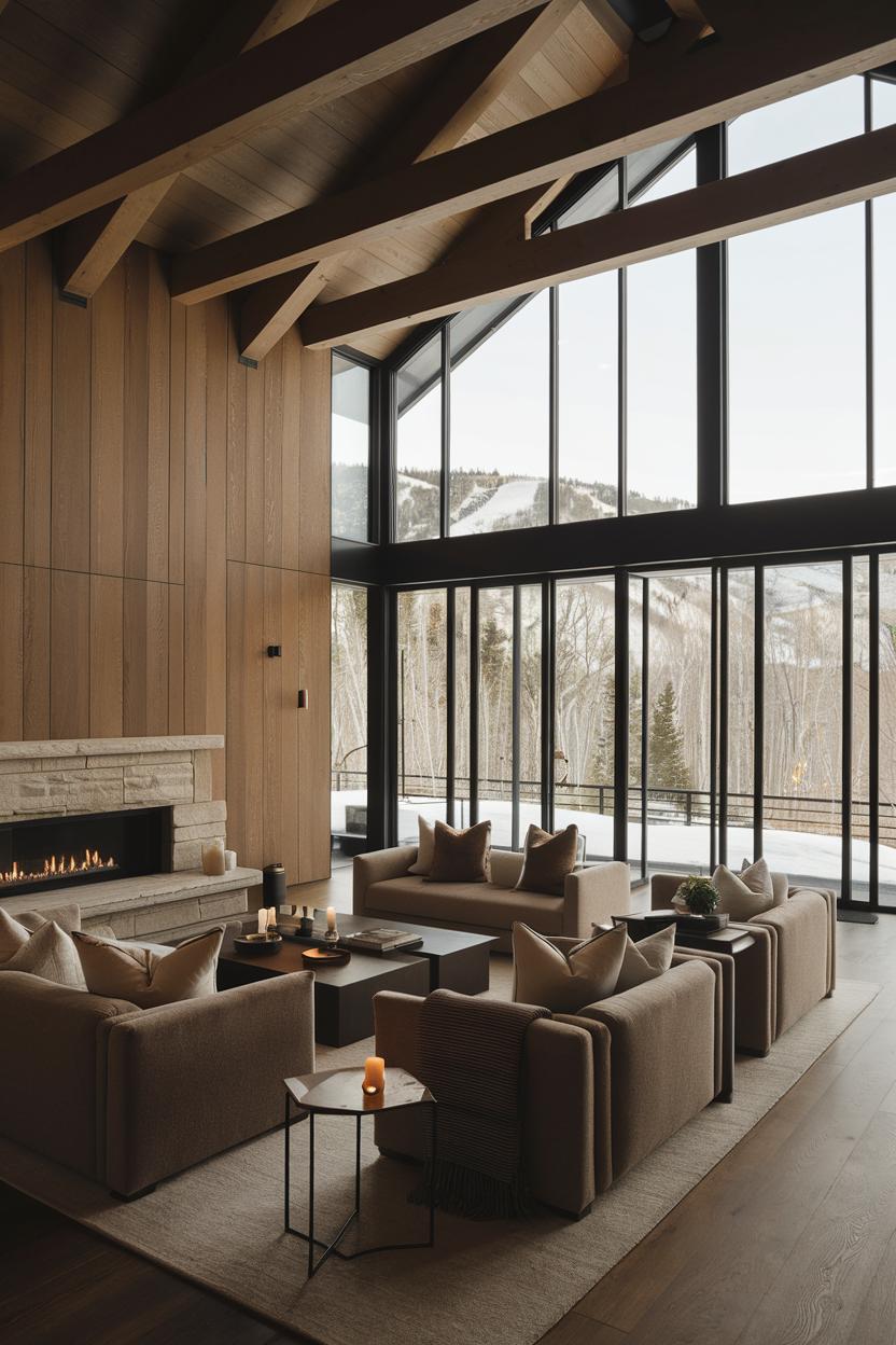 Cozy living room with modern design, large windows, and a fireplace