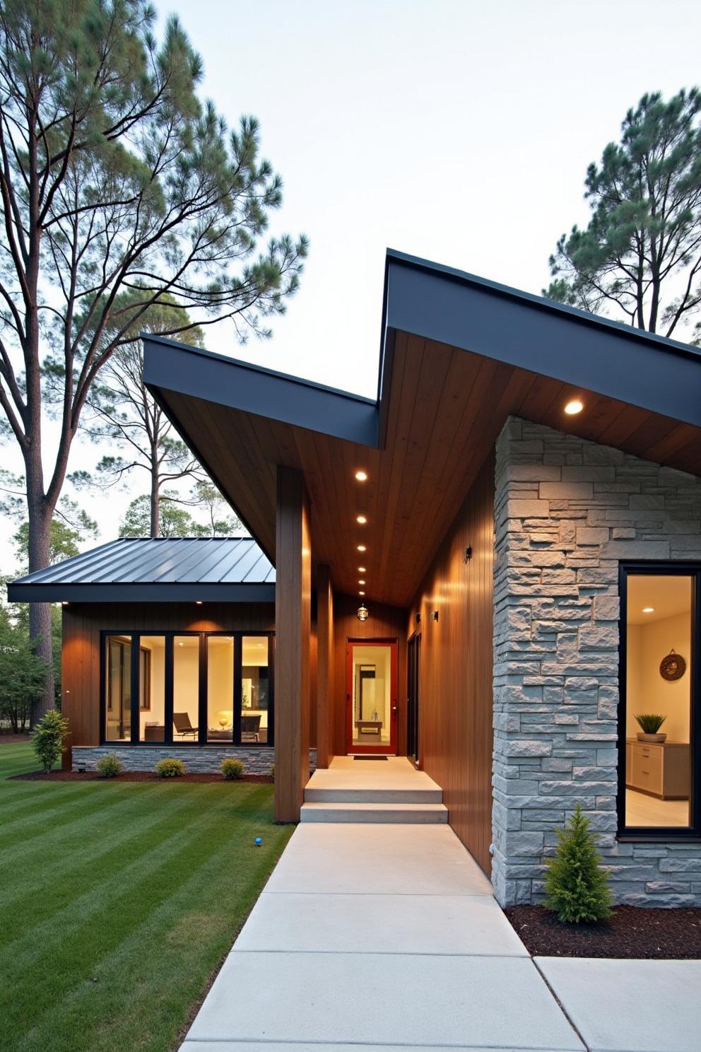 A modern wooden and stone bungalow with a slanted roof and large windows