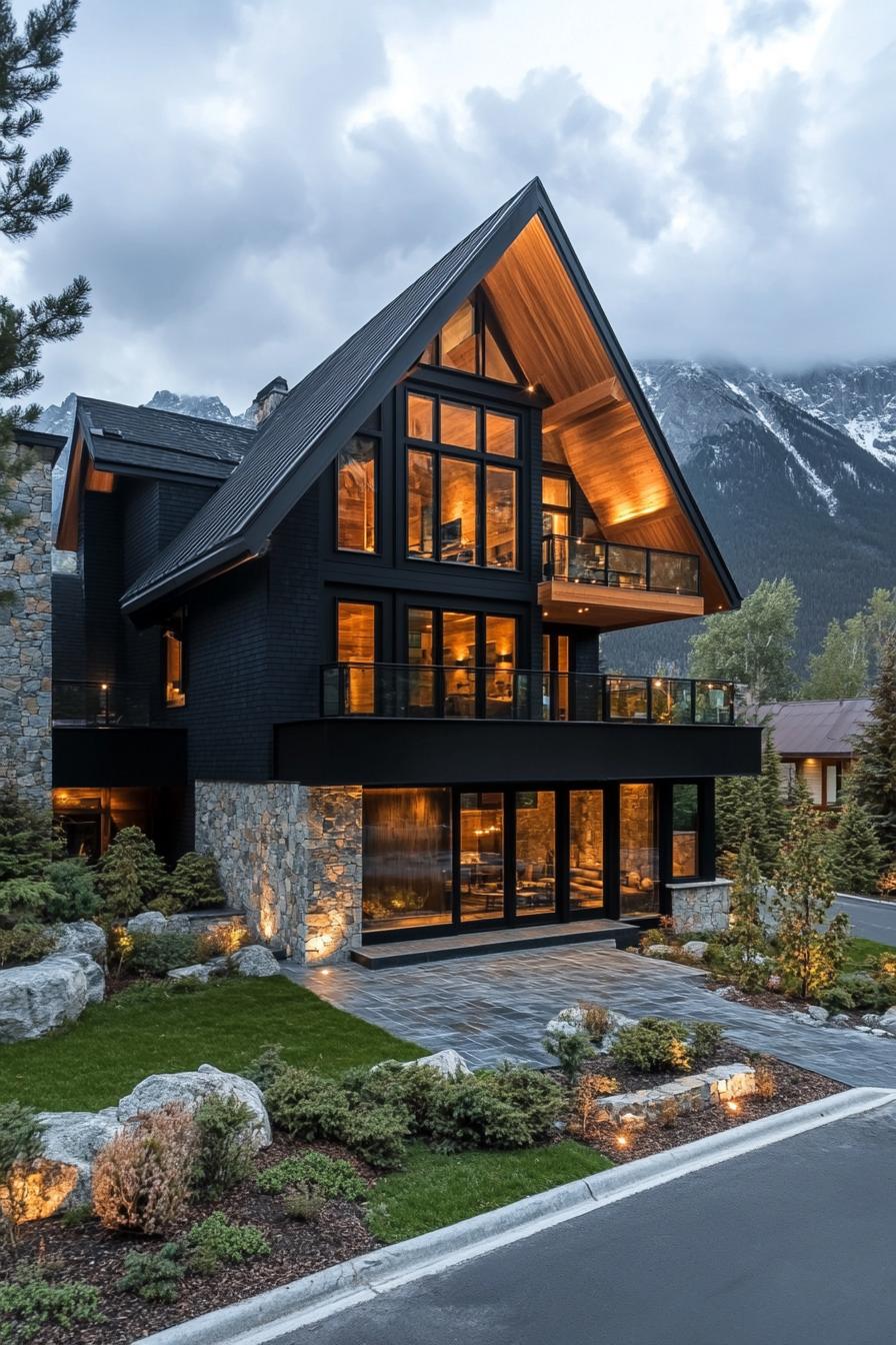 Modern mountain house with large glass windows and stone accents