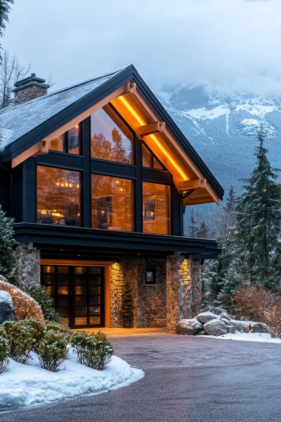 Charming stone chalet with warm lights amidst snowy scenery