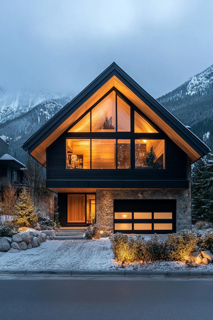 Modern A-frame house with large windows, surrounded by snowy mountains