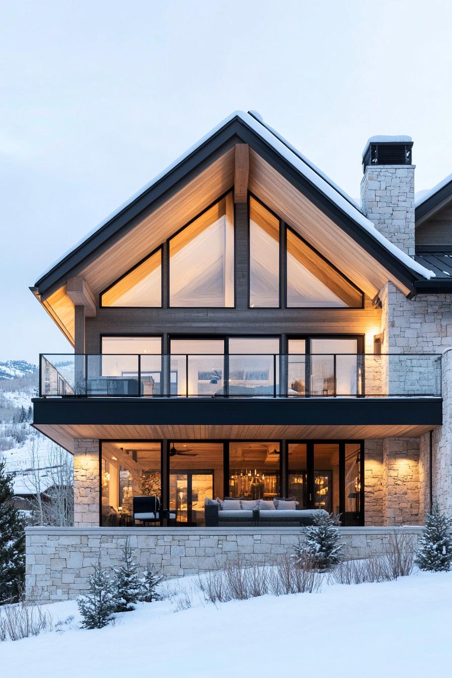 Modern A-frame mountain house with large windows and snowy surroundings