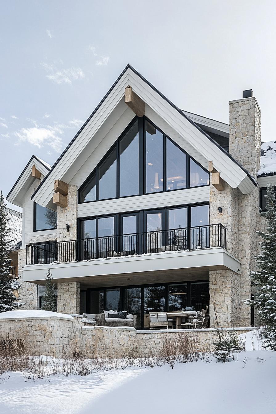 Modern mountain home with large glass windows and snowy landscape