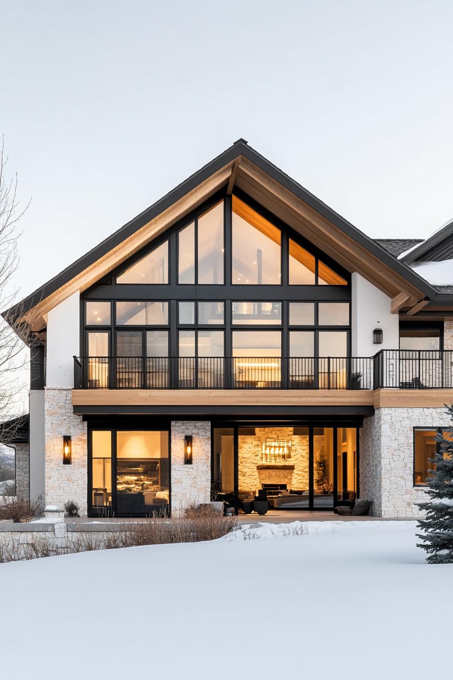 Snowy modern home with large glass windows and stone features