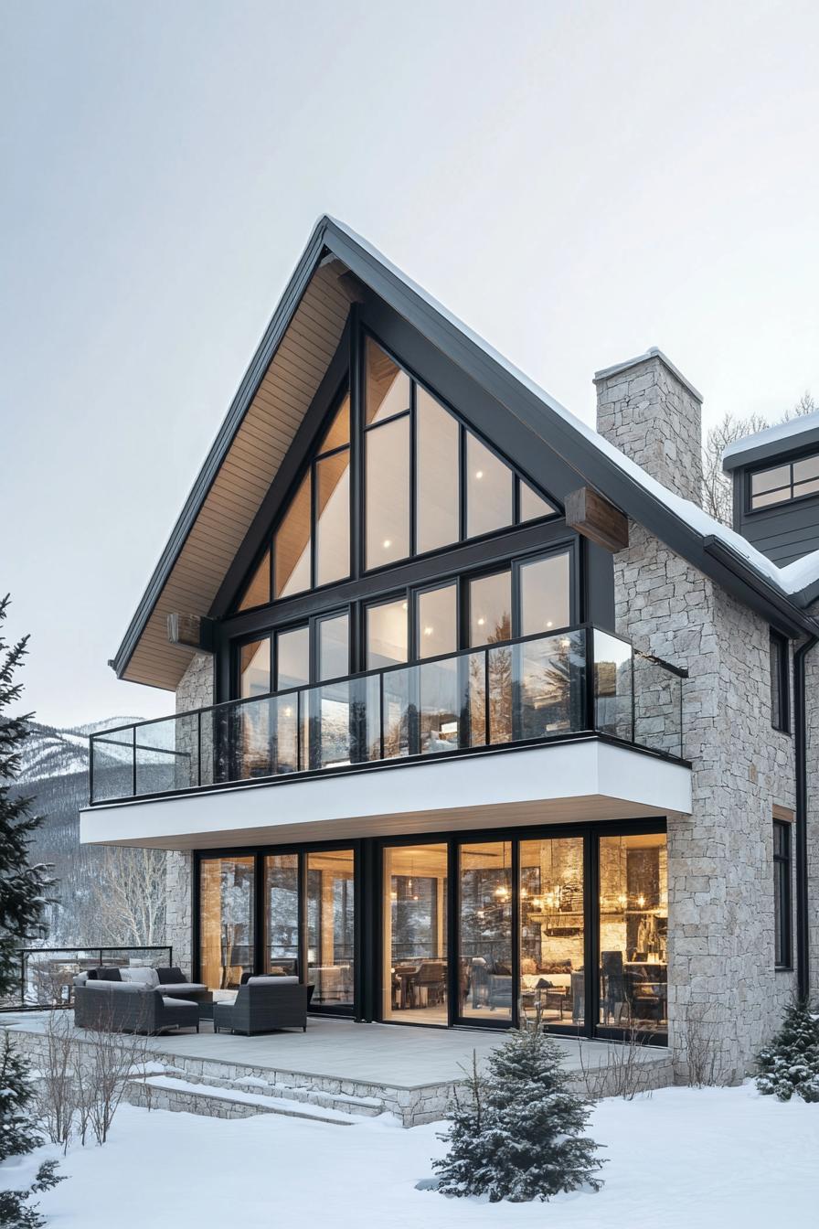 Modern A-frame stone house in snowy setting