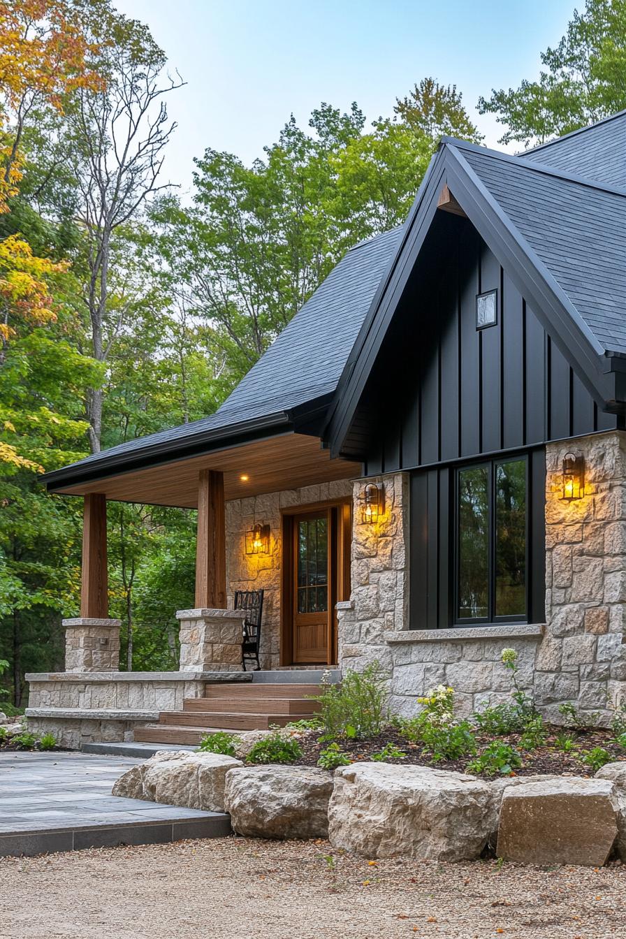 Forest cabin with stone exterior and dark roof