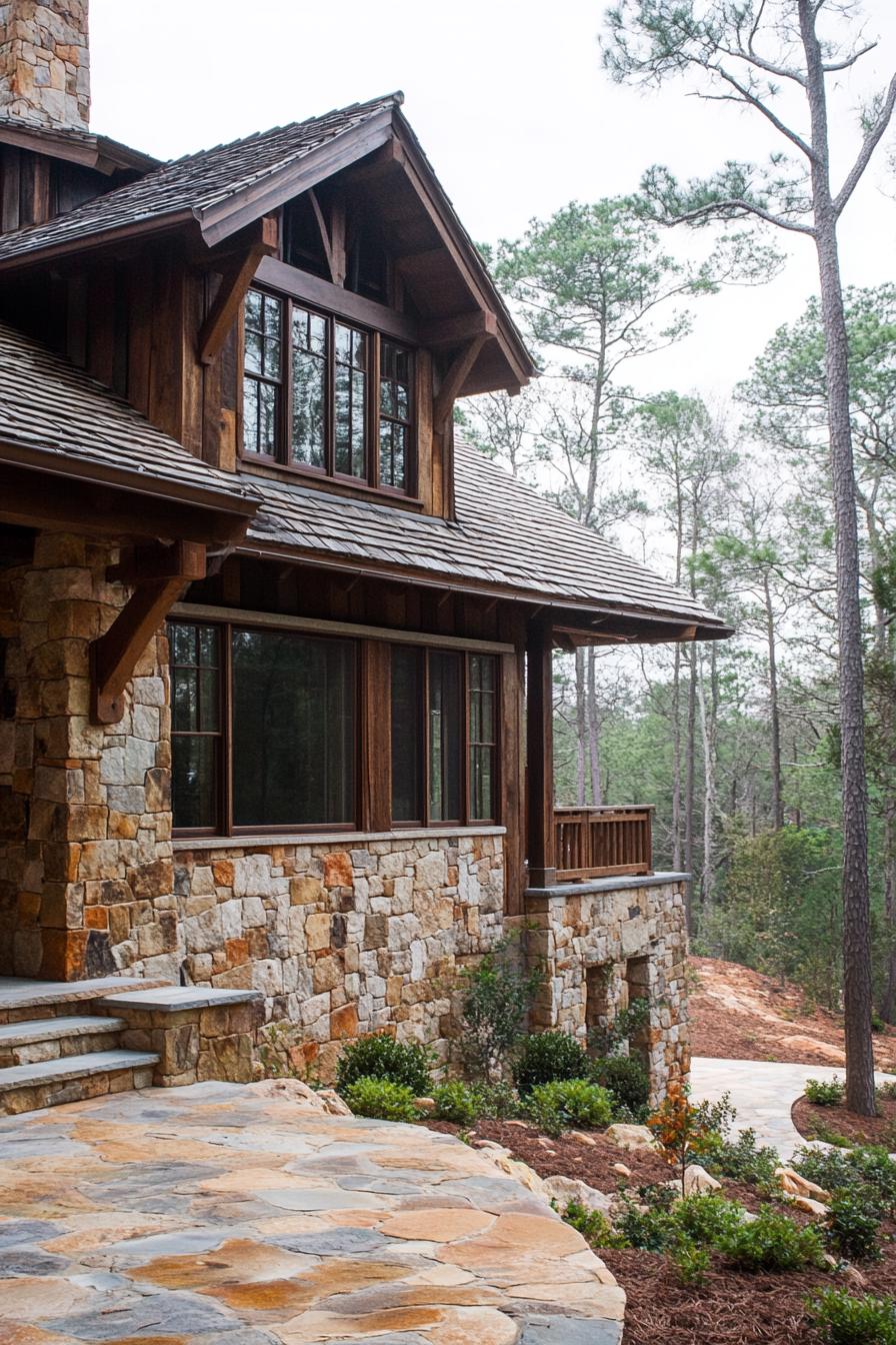 Cabin with stone walls and wooden accents in the forest