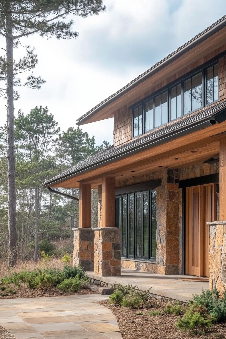 Cozy stone cottage with wooden accents surrounded by forest